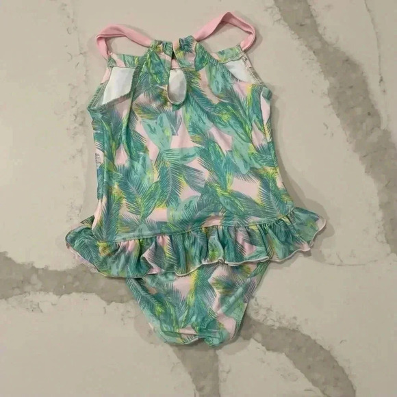 Floatimini Tropical Pink Green Print Ruffle Bow One Piece Bathing Suit Girls 6X - Picture 4 of 5